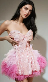 Melina Showstopping Pink Ombre Sequin & Feather Corset Mini Skirt Set