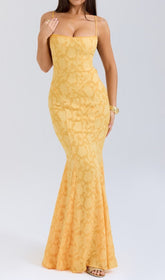 Cili Golden Bloom Textured Fishtail Maxi Dress