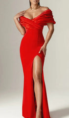 Jonilde Glamorous Red Off-Shoulder Maxi Dress with High Slit