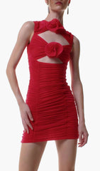 Baz Red Floral Cutout Ruched Bodycon Mini Dress