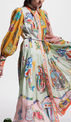 Ceara Whimsical Art Print Long Sleeve Midi Shirt Dress