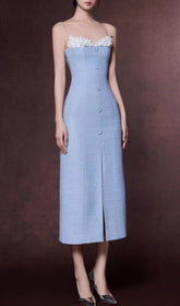 Juana Blue Floral Tweed Strappy Slit Midi Dress