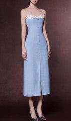 Juana Blue Floral Tweed Strappy Slit Midi Dress