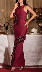 Filipe Elegant Burgundy Ruffle Bandage Maxi Dress