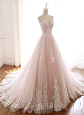 Vestido formal estilo princesa con tirantes de tul rosa glamuroso