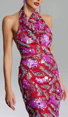 Dazzling Red & Purple Bass Sequin Halter Midi Dress