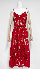 Fay Red Cutout Embroidery Strappy Midi Dress