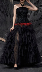 Jainna Black Sequin & Red Feather Strapless Mesh Maxi Gown