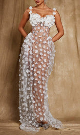 Ethereal White 3D Floral Corset Maxi Dress