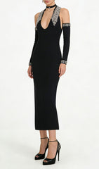 Jeneal Black Diamante Halter Midi Bandage Dress