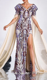 Dazzling Sequin & Cape Slit Maxi Gown