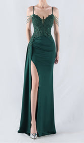 Elegant Emerald Green Beaded Corset Maxi Gown with High Slit
