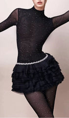 Jazelle Black Sheer Rhinestone Long Sleeve Ruffle Mini Dress