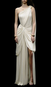 Jenise Grecian Goddess One-Shoulder Ruched Maxi Dress