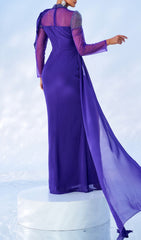 Caressa Dazzling Purple Embellished Long Sleeve Maxi Gown with High Slit