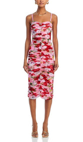 Baki Vibrant Floral Ruched Midi Dress with Spaghetti Straps