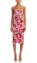 Baki Vibrant Floral Ruched Midi Dress with Spaghetti Straps