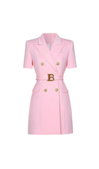 Elske Chic Black Short Sleeve Blazer Dress with Gold Buckle Belt