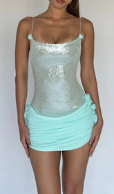 Sparkling Aqua Sequin Bodycon Mini Dress with Rose Details