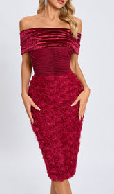 Glamorous Red Velvet Off-Shoulder 3D Rose Midi Dress