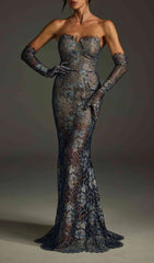 Javion Enchanting Strapless Floral Lace Gown with Opera Gloves