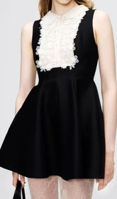 Elegant Black Sleeveless Mini Dress with Ornate Lace Collar