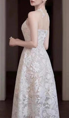 Elegant White Floral Lace Midi Dress with Illusion Neckline
