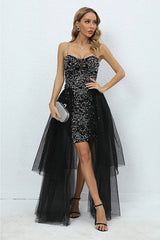 Strappy Sequin High-Low Mesh Dress