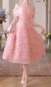 Giovani Romantic Pink Rose Off-Shoulder Midi Dress