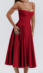 Dextra Radiant Red Strappy Bustier A-Line Midi Dress
