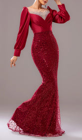 Glamorous Red Sequin Mermaid Maxi Dress with Long Sleeves & Illusion Neckline