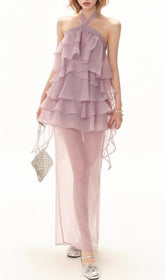 Farah Ethereal Lavender Halter Ruffle Maxi Dress
