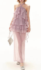 Farah Ethereal Lavender Halter Ruffle Maxi Dress