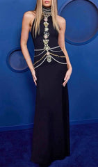 Janae Black Diamante Embellished Halter Neck Maxi Gown