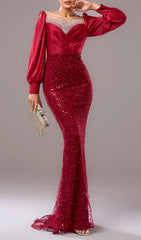 Glamorous Red Sequin Mermaid Maxi Dress with Long Sleeves & Illusion Neckline