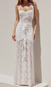 Fusayo Elegant White Halter Ruched Lace Maxi Dress