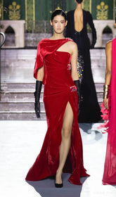 Carlijn Glamorous Red Velvet Caplet One-Shoulder Maxi Gown