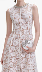 Chic Pearl & Crystal Trim Lace Midi Dress for Women
