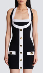 Clotho Chic Black & White Halter Mini Bandage Dress with Gold Buttons