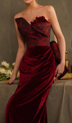 Chainey Wine Red Rose Embossed Velvet Strapless Maxi Gown