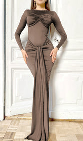 Ciara Coffee Draped Long Sleeve Maxi Dress