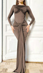 Ciara Coffee Draped Long Sleeve Maxi Dress