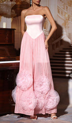 Florinda Pink Strapless Pleated Maxi Dress with 3D Chiffon Floral Appliqus