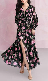 Romantic Pink Rose Floral Long Sleeve Maxi Dress