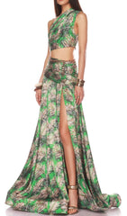 Evelien Green Tropical Print One-Shoulder Crop Top & Skirt Set