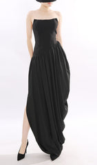 Jethra Black Strapless Asymmetrical Maxi Dress