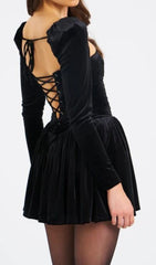 Carlyn Chic Black Velvet Puffed Sleeve Mini Dress