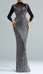 Cosmas Black Sequin Mesh Long Sleeve Evening Maxi Dress