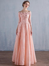 Vestido de fiesta elegante con hombros descubiertos y mangas 1/2 de encaje rosa