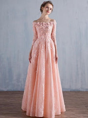 Vestido de fiesta elegante con hombros descubiertos y mangas 1/2 de encaje rosa